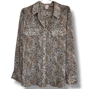 Chicos Womens Blouse Sz 16 Animal Print Chiffon Button Front Top Cream Semi Shee